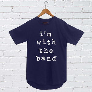 I'm With The Band® Wonky Typewriter graphic T-shirt with white print on navy T on a coat hanger against a white painted brick wall