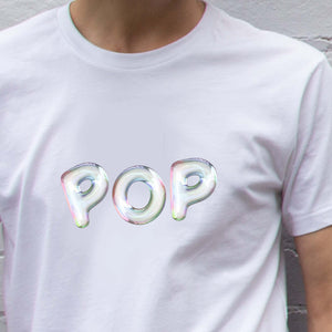 I'm With The Band® Bubble Pop T-shirt with iridescent white print on white T close-up showing the graphic detail