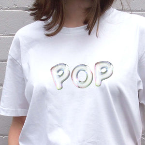 I'm With The Band® Bubble Pop T-shirt with iridescent white print on white T woman close-up showing the graphic detail