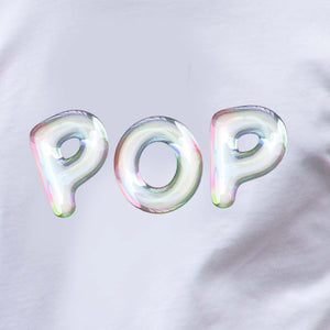 I'm With The Band® Bubble Pop T-shirt with iridescent white print on white T extreme close-up showing the graphic detail