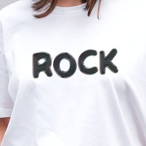 I'm With The Band® Bubble Rock T-shirt with iridescent bubble slick black print on white T close-up showing the graphic detail