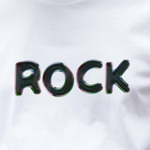 I'm With The Band® Bubble Rock T-shirt with iridescent bubble slick black print on white T extreme close-up showing the graphic detail