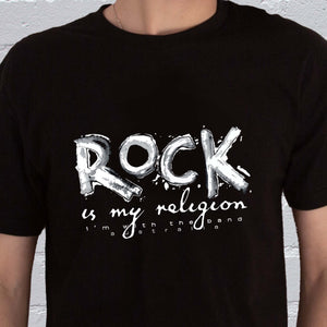 Rock Is My Religion T-shirt by I'm With The Band® with original hand-painted white graphic print on black T closeup