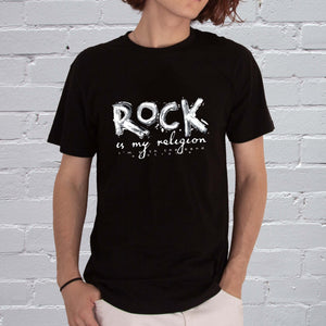 Rock Is My Religion T-shirt byI'm With The Band® with original hand-painted white graphic print on black T-shirt