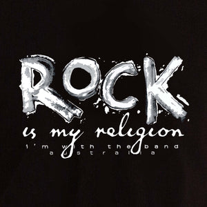 Rock Is My Religion T-shirt by I'm With The Band® with original hand-painted white graphic print on black T extreme close-up